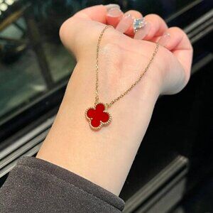 VCA 18K Gold Single-Flower Carnelian Alhambra Necklace